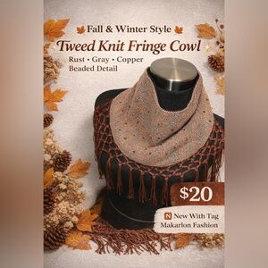Makarlon Tweed Knit Fringe Cowl Scarf Beaded Boho Neck Wrap